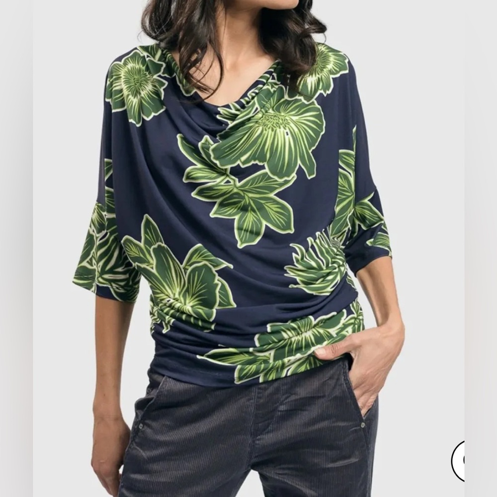 Alembika MOKU DRAPED DOLMAN TOP Women’s Sz 3/ US 10-12 ROYAL/GREEN Israel Floral